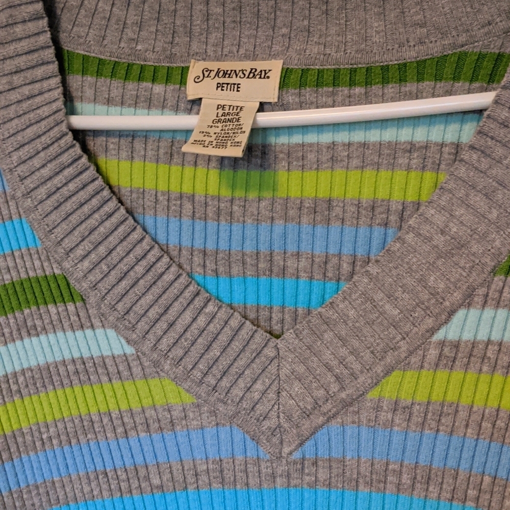 VTG St Johns Bay Women y2k stripe v neck rib knit sweater grey Petite L Pullover - Picture 3 of 3